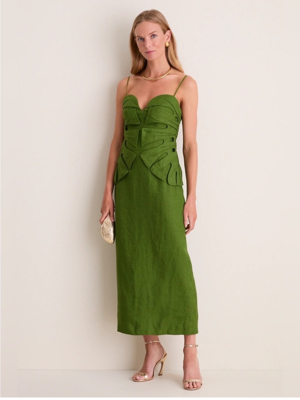 Farm Rio Green Monstera Leaf Sleeveless Midi Dress Size Small NWT